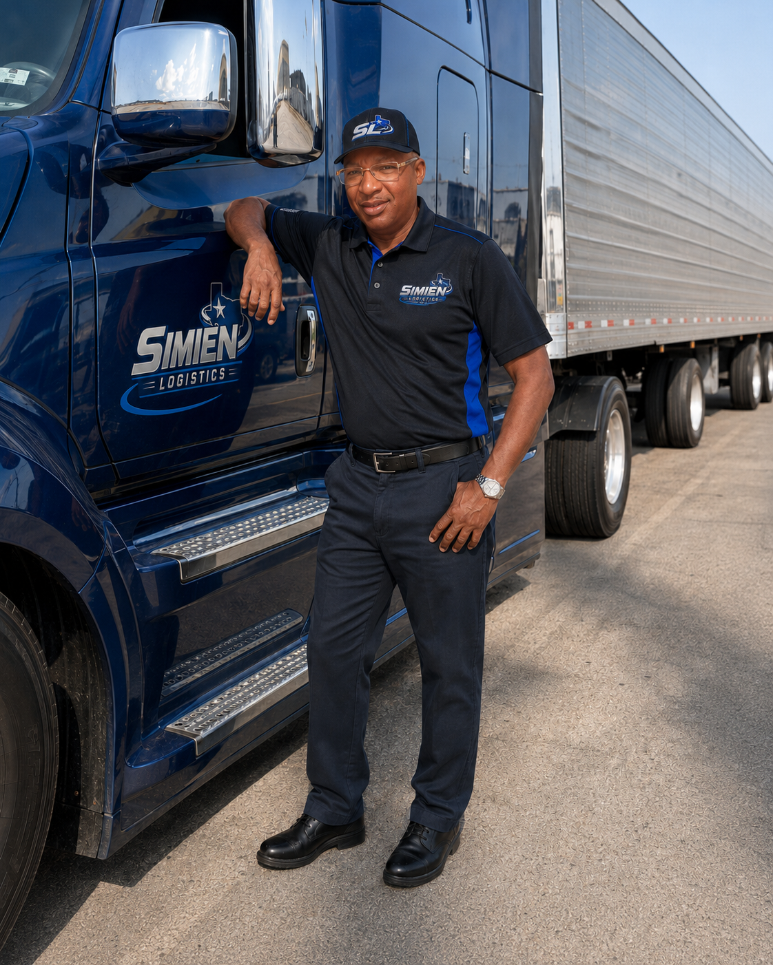 Owner of Simien Logistics LLC standing beside his navy blue semi-truck